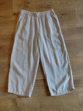 Cynthia Rowley Linen Pants Beige Cropped Wide Leg Elastic Waist Beach Large